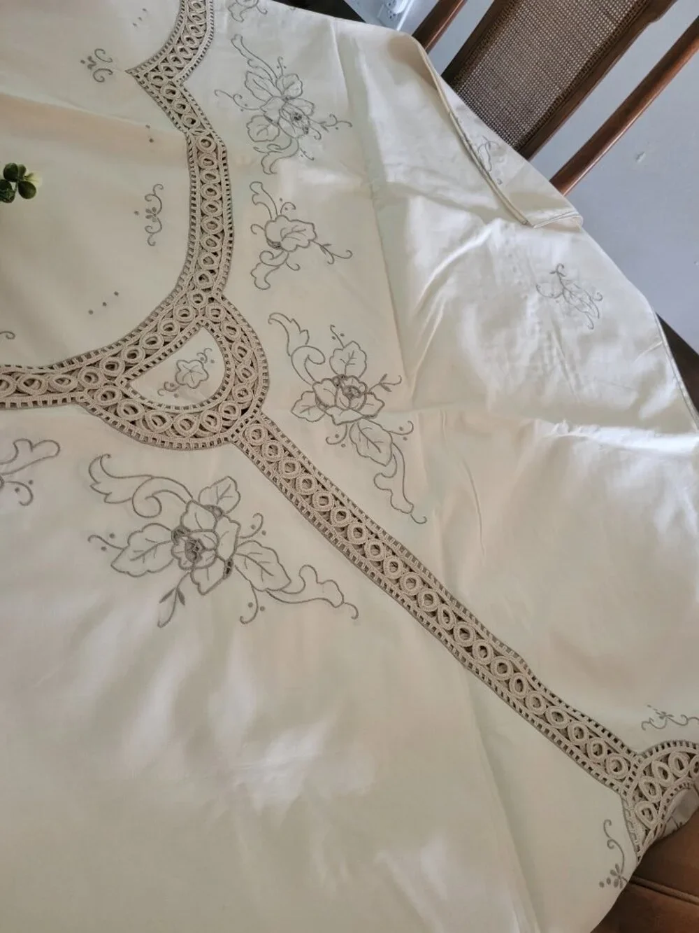 Vintage Cream and Ecru Lace and Embroidered Tablcloth